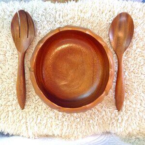 VINTAGE MCM Salad Serving Set; Monkey Pod Wood, Hawaiian; Mid Century Dinnerware